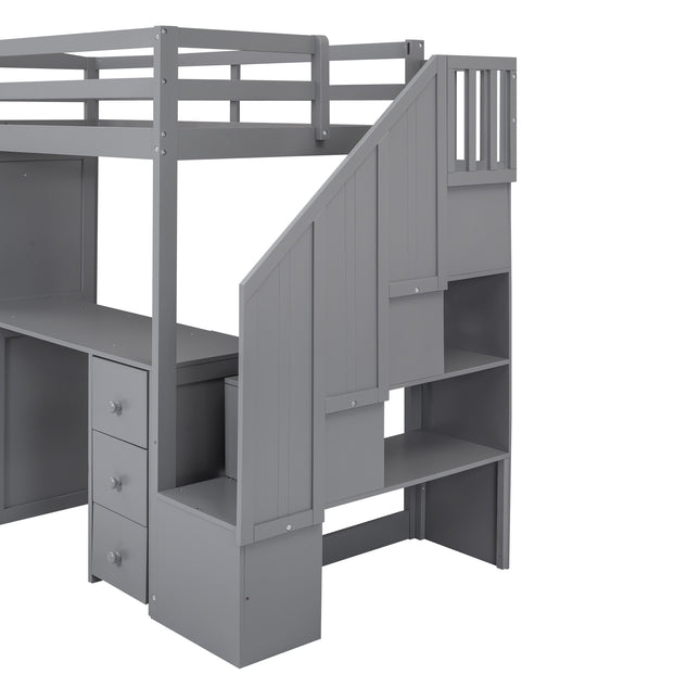 Twin Size Loft Bed with Wardrobe and Staircase Desk and Storage Drawers and Cabinet in 1 Gray