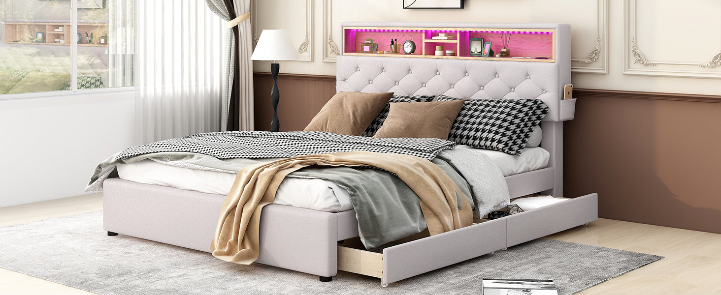 Letto Queen con LED e Ricarica USB Beige
