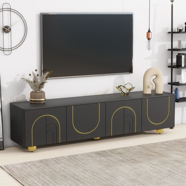 U-Can modern TV stand for TVs under 75 inches with a storage cabinet top marble pattern and circular stand