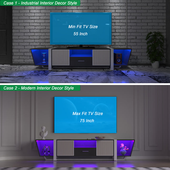 TV Console with Storage Cabinet – Dual Flat LED TV Stand with Remote Control and Multi-Mode Light, Black