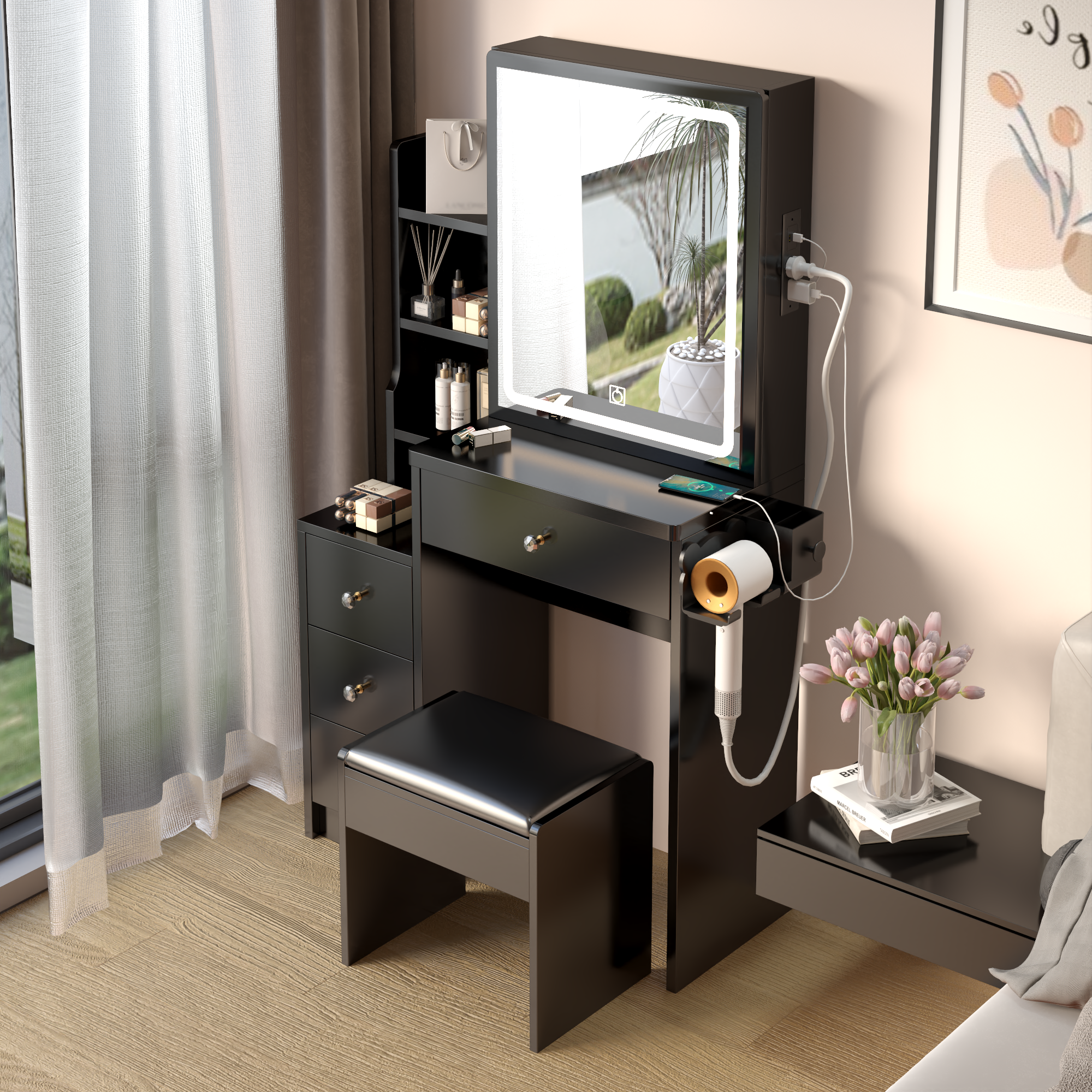 Toeletta Nera Compatta con USB e LED