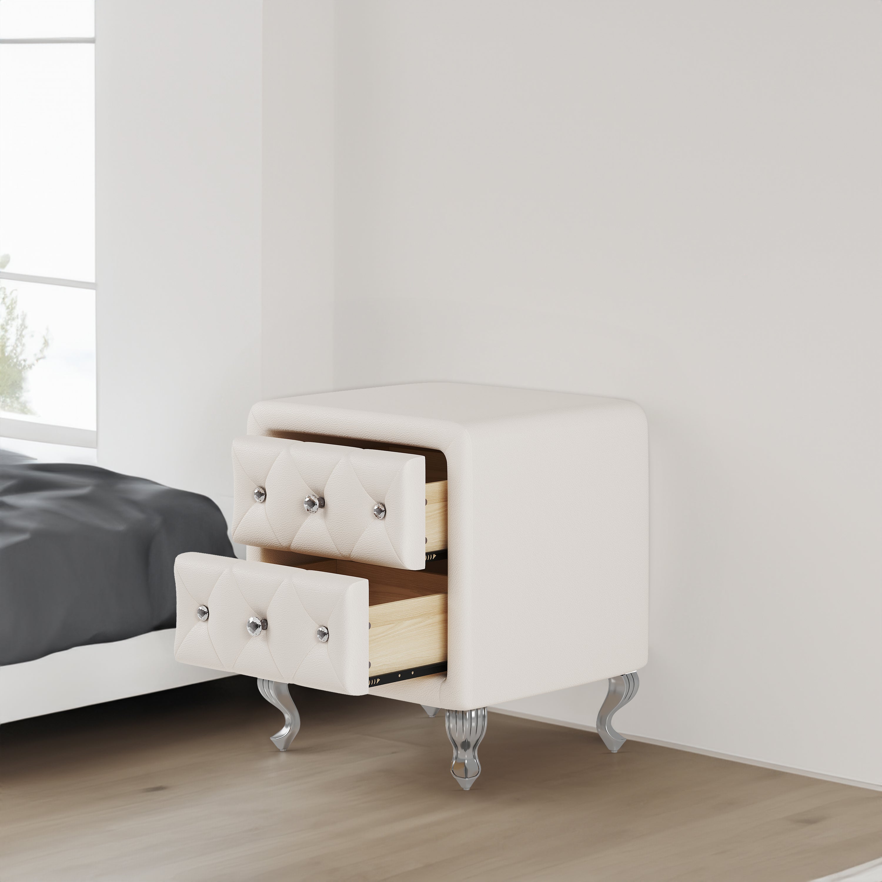 Comodino Bianco Ecopelle Gambe Metallo