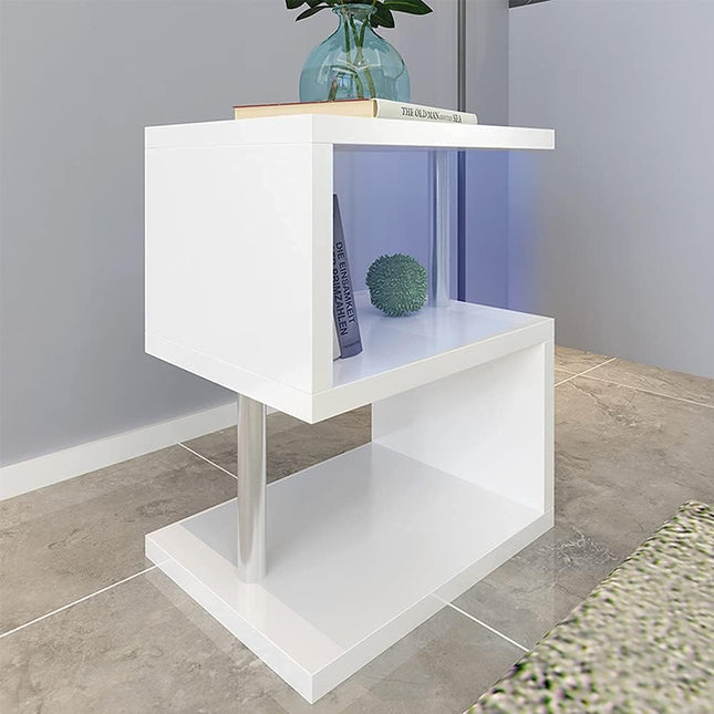 3-Layer S-Shaped Coffee Table – High Gloss Side Table with Open Storage Rack and USB Power Supply, White LED Coffee Table