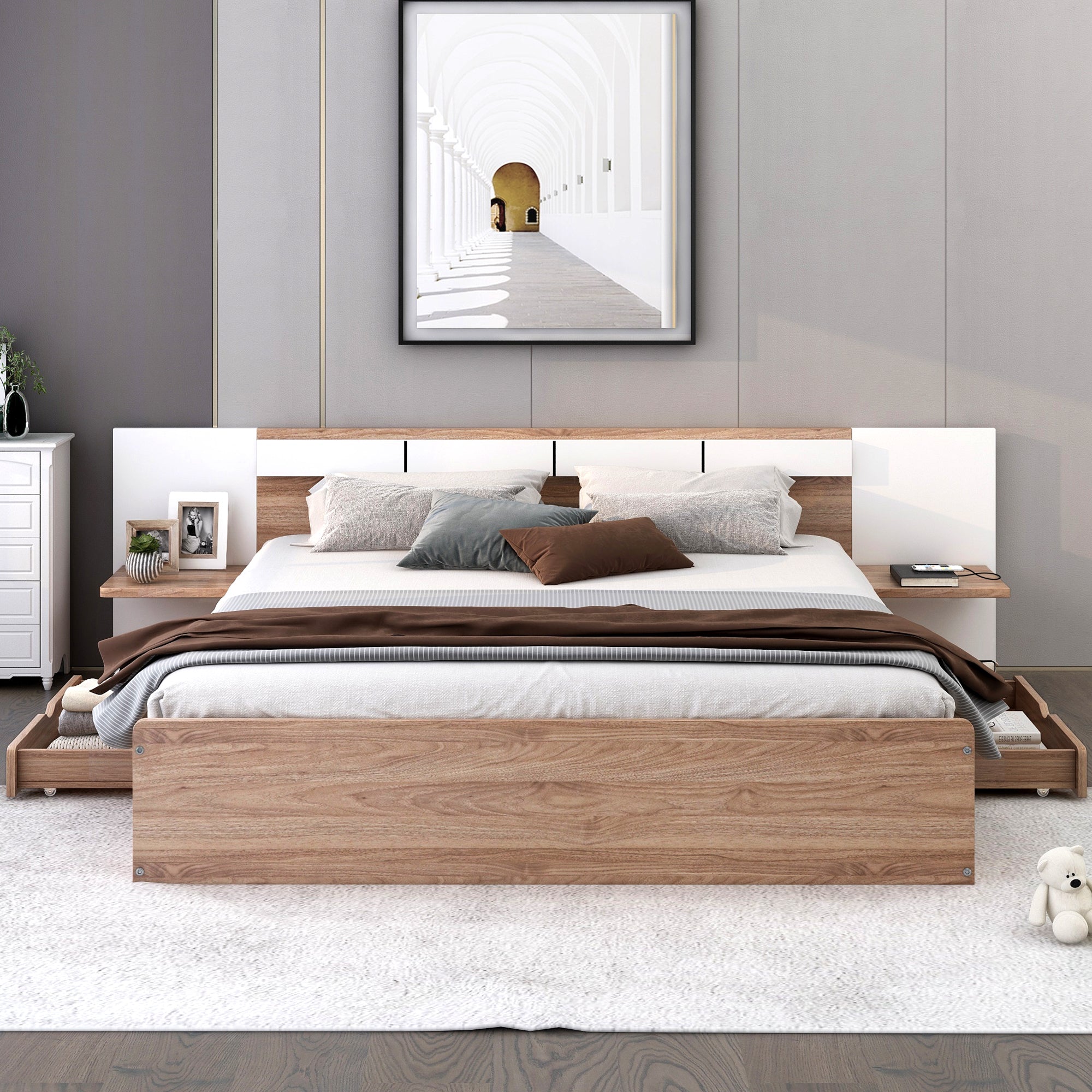 Letto Matrimoniale in Legno con Cassetti, Ripiani, Porte USB e Prese - Naturale