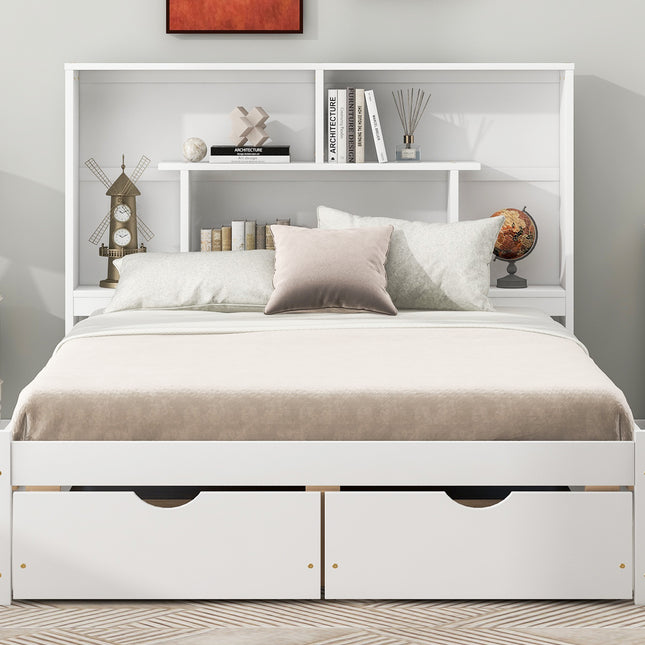 Full Size Platform Bed with Storage Headboard and 2 Drawers, White