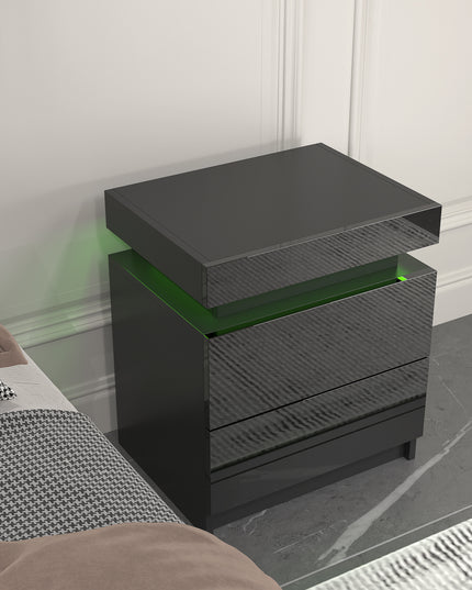 Modern Black LED Nightstand with Led Lights Bedside table with 2 High Gloss Drawers for Bedroom