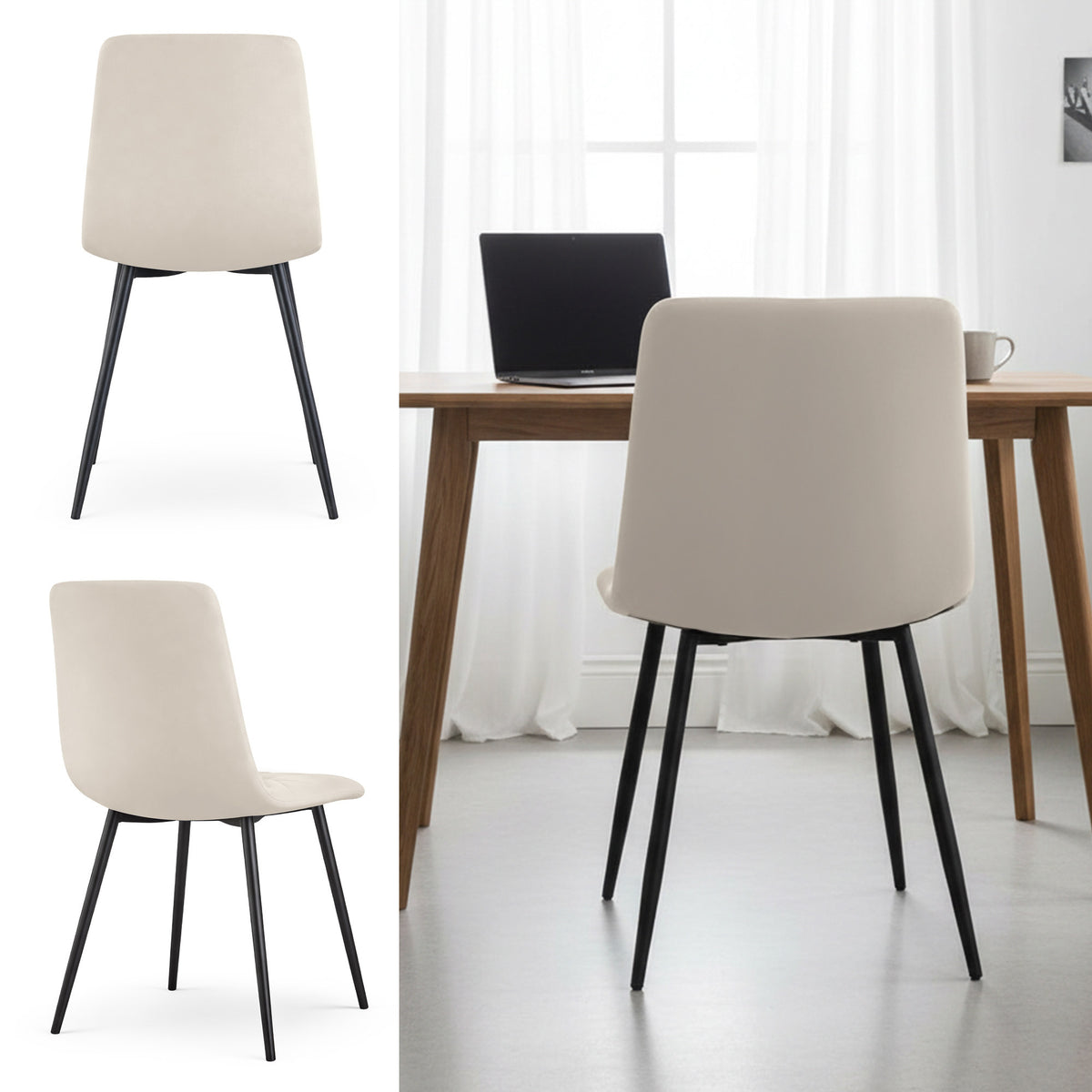 2 Sedie Imbottite in Velluto Beige Gambe Nere