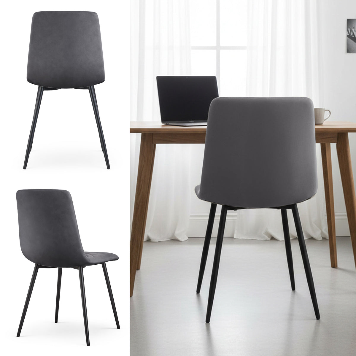 Set 2 Sedie Nero Velluto Trapuntato Gambe Nere – Grafite Scuro