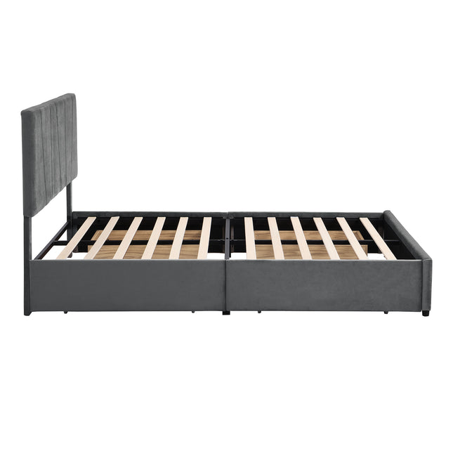 Queen Size Upholstered Platform Bed with Four Drawers on Two Sides and Adjustable Headboard – Grey Queen Size Bed, Upholstered Platform Bed, Storage