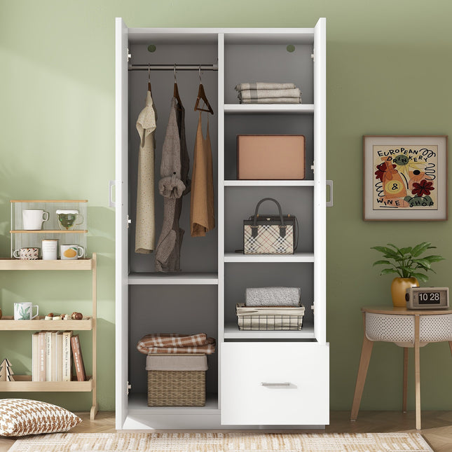 Wooden Wardrobe with Double Doors, Armoire with Hanging Rod, 5 Fixed Shelves, One Storage Drawer, White