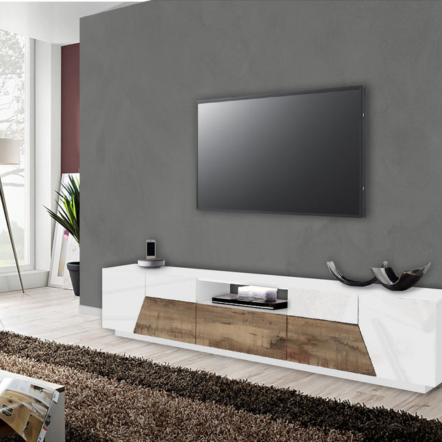Porta tv ALIEN 220 cm - Bianco laccato lucido / Acero Pereira