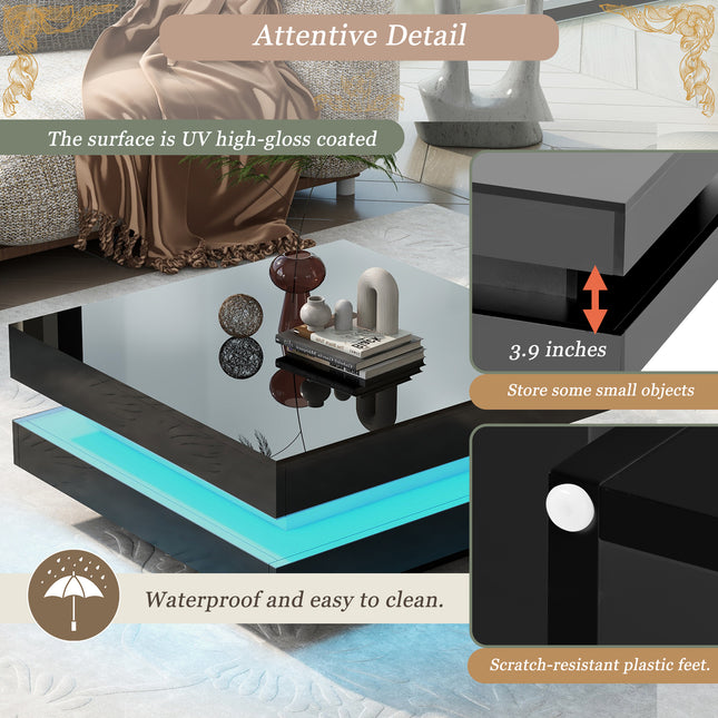 ON-TREND High Gloss Minimalist Design 2-Tier Square Coffee Table with LED Lights – Black