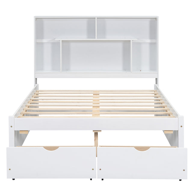 Full Size Platform Bed with Storage Headboard and 2 Drawers, White