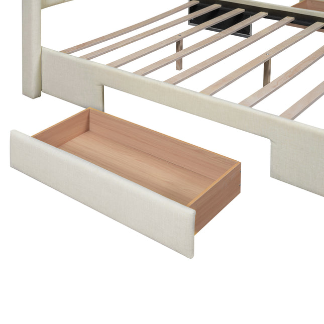 Full Size Upholstered Platform Bed with One Large Drawer in the Footboard and Drawers on Each Side, Beige
