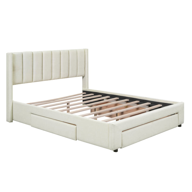 Full Size Upholstered Platform Bed with One Large Drawer in the Footboard and Drawers on Each Side, Beige