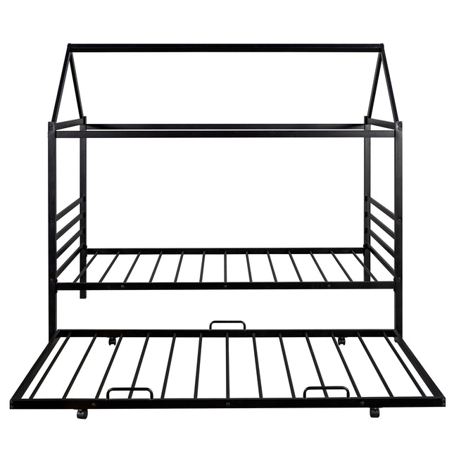 Twin Size Metal House Shape Platform Bed with Trundle Black