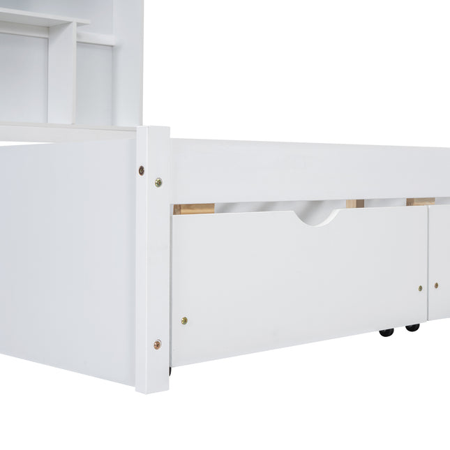 Full Size Platform Bed with Storage Headboard and 2 Drawers, White