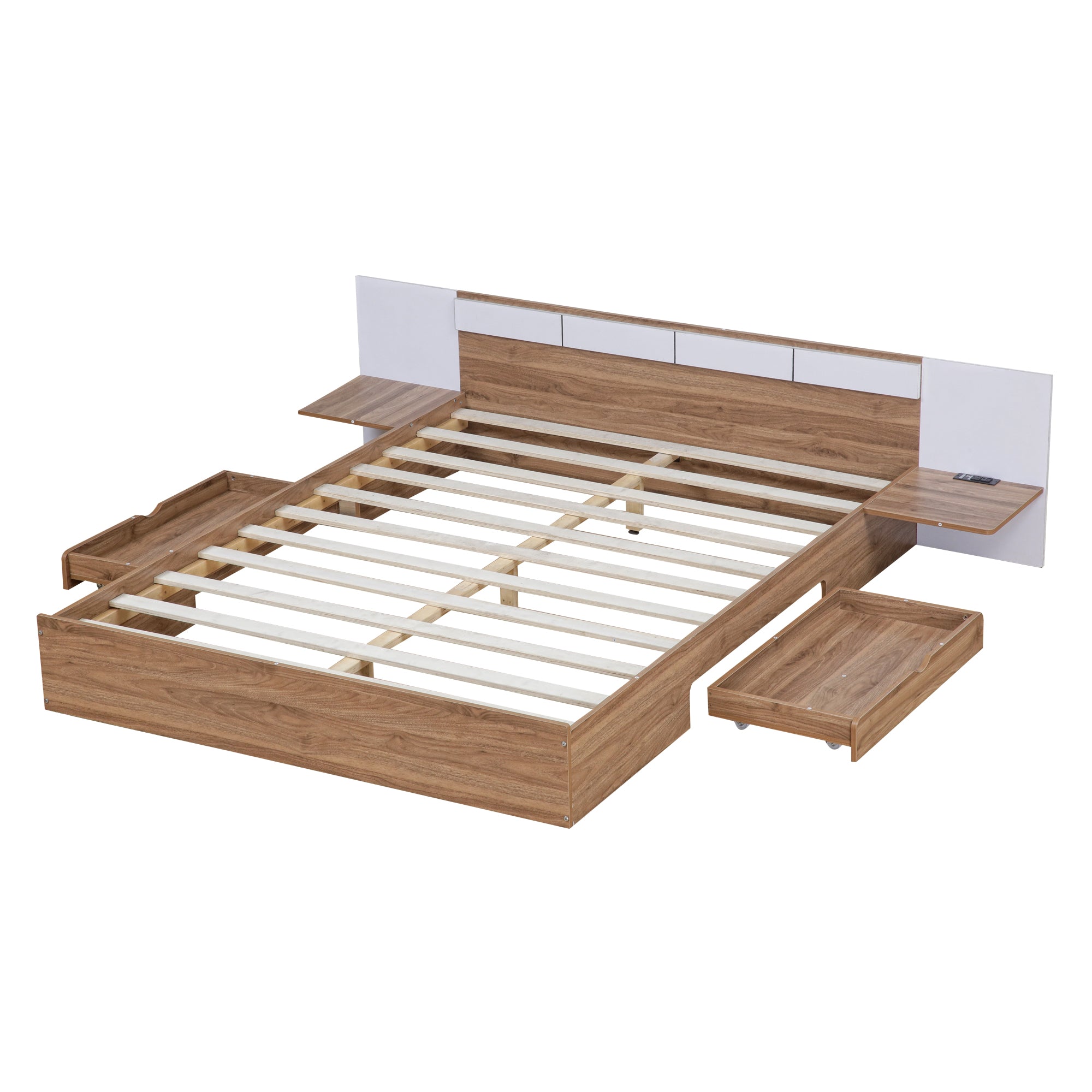 Letto Matrimoniale in Legno con Cassetti, Ripiani, Porte USB e Prese - Naturale