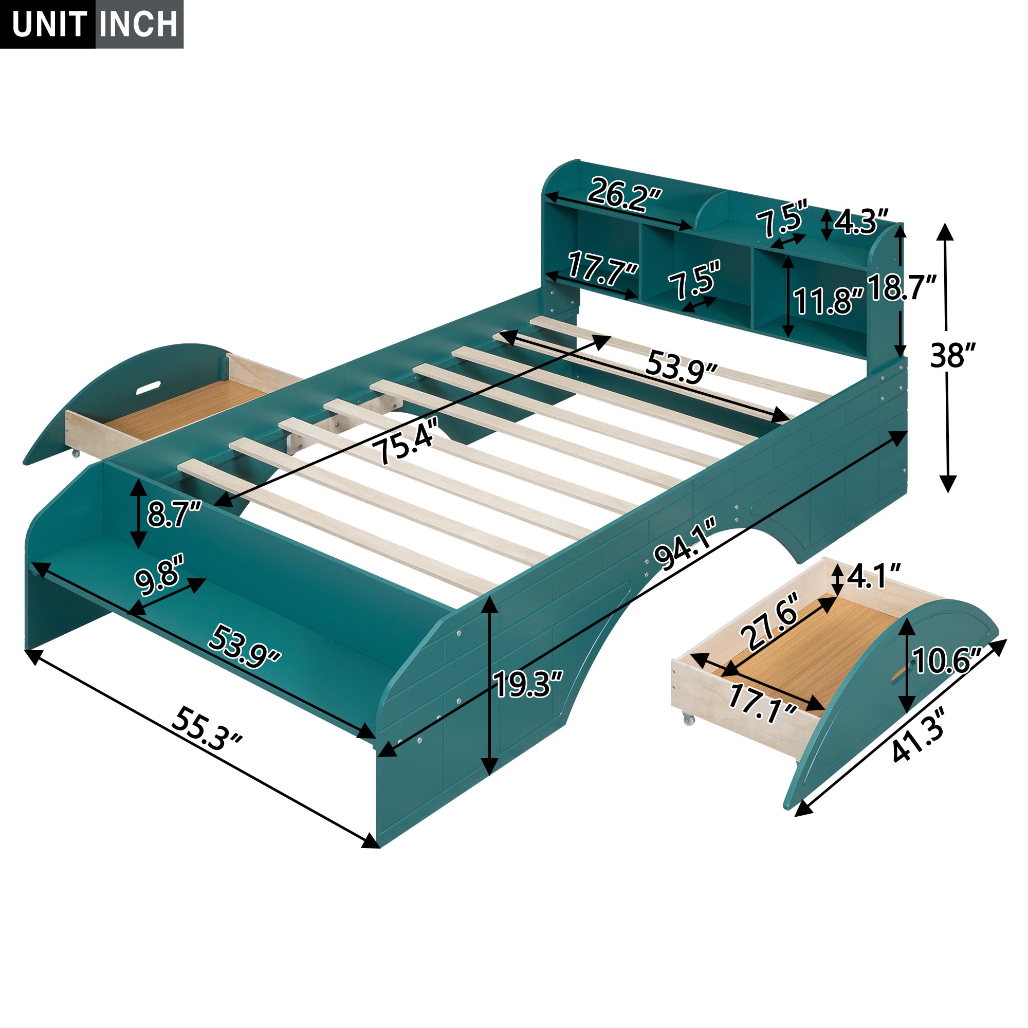 Letto Full Size in Legno con 2 Cassetti, Testiera e Pediera Contenitore - Verde Scuro