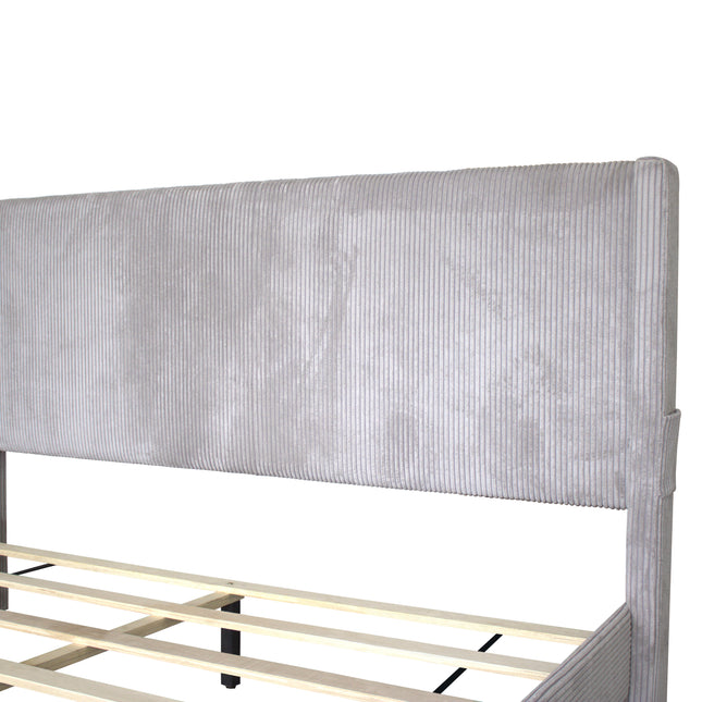 Corduroy Velvet Queen Wingback Bed with Footboard Drawer Storage – Upholstered Design