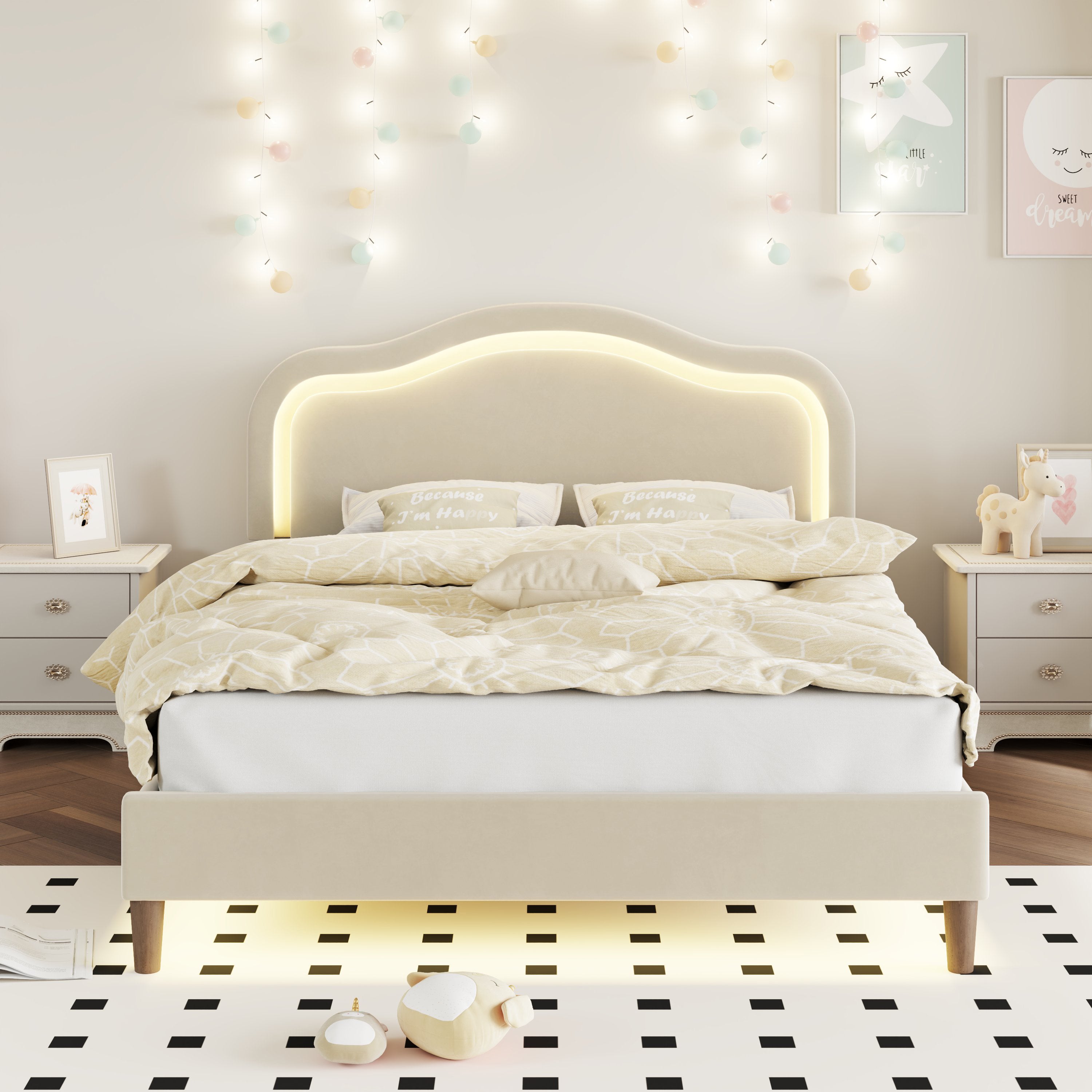 Letto Full Size Velluto Beige con LED