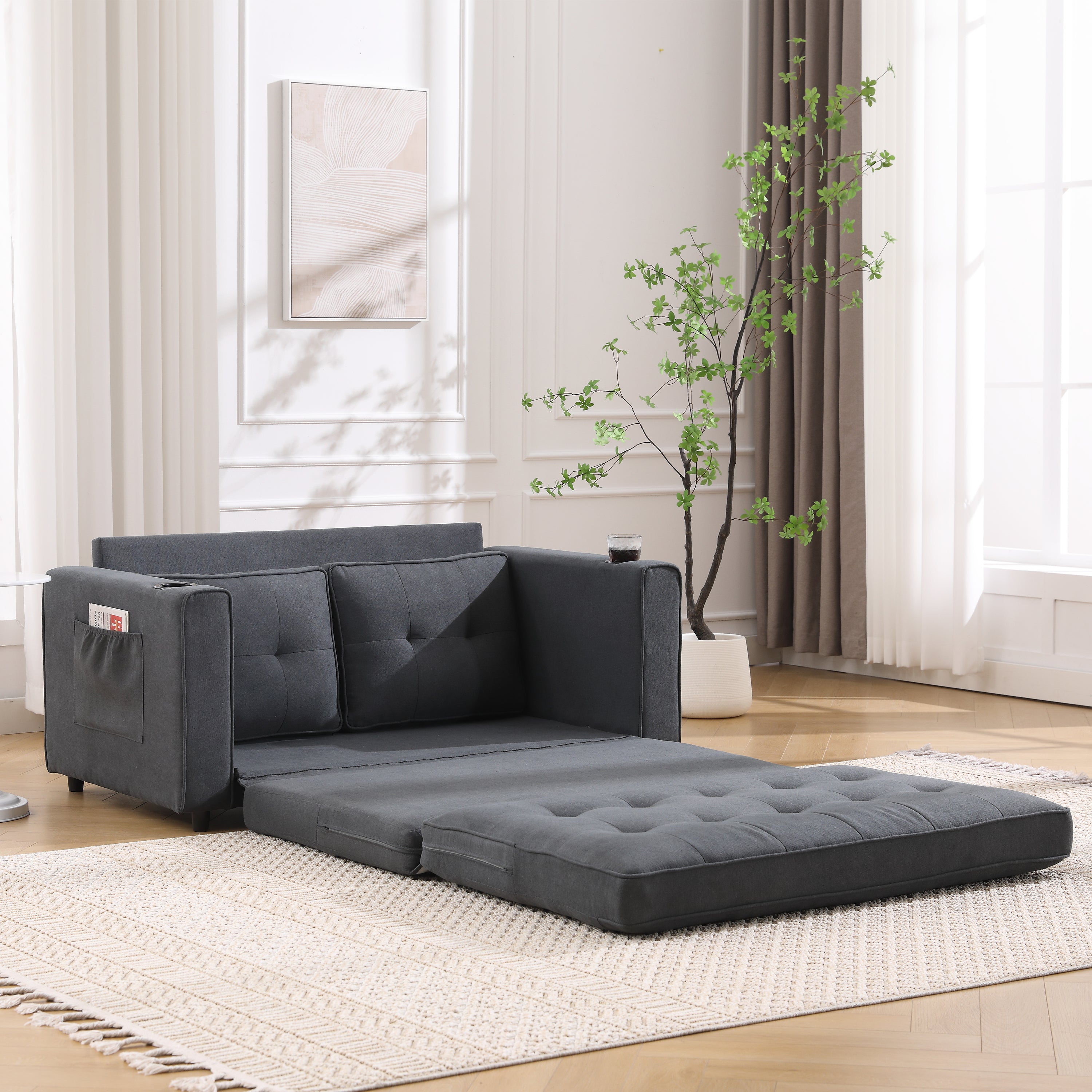 Divano Letto Futon 3 in 1 Grigio Scuro