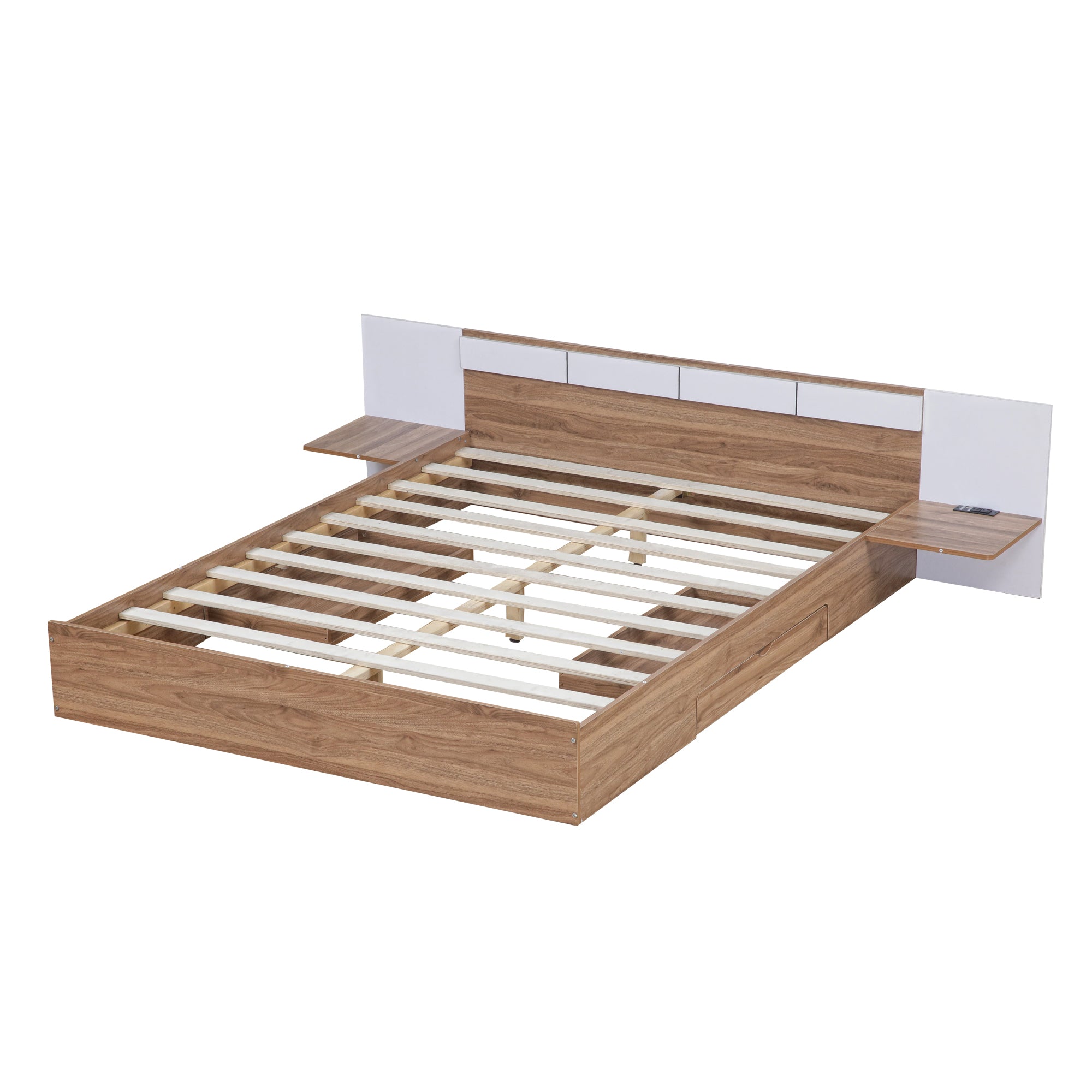 Letto Matrimoniale in Legno con Cassetti, Ripiani, Porte USB e Prese - Naturale