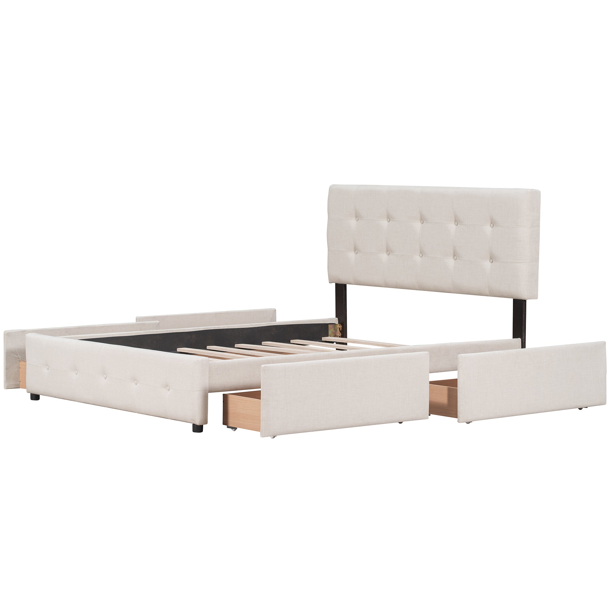 Letto Queen Imbottito 4 Cassetti Beige