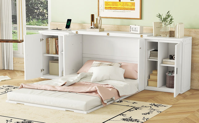 Full Size Murphy Bed with Shelves, Cabinets, and USB Ports – White