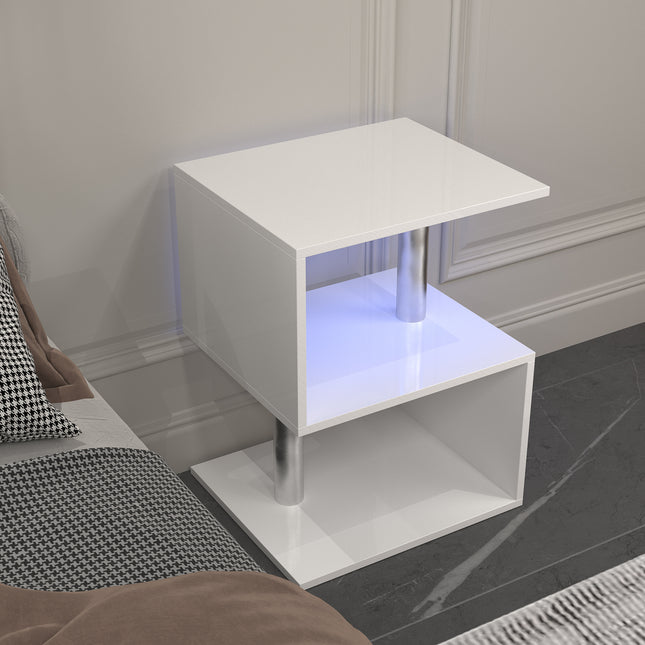 3-Layer S-Shaped Coffee Table – High Gloss Side Table with Open Storage Rack and USB Power Supply, White LED Coffee Table