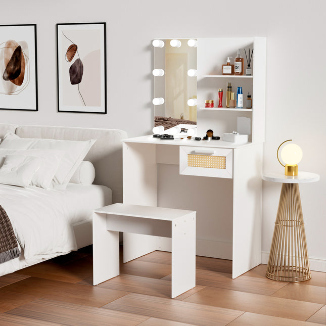 Vanity Desk Set Stool & Dressing Table with LED Lighting Mirror Drawer and Wood Cosmetic Table Chest of Drawers White Color Default Title