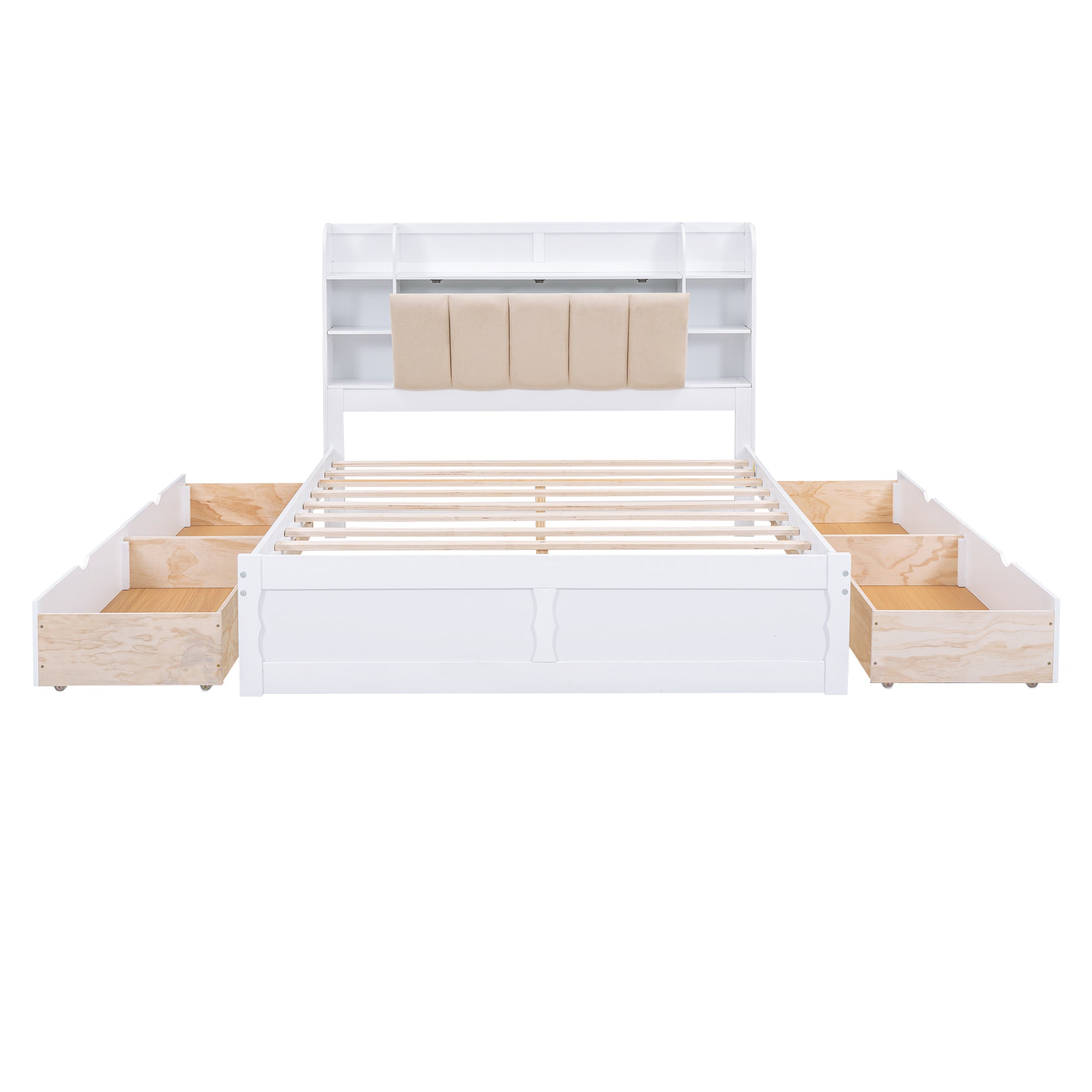 Letto Matrimoniale in Legno con Testiera Contenitore, Ripiani e 4 Cassetti - Bianco