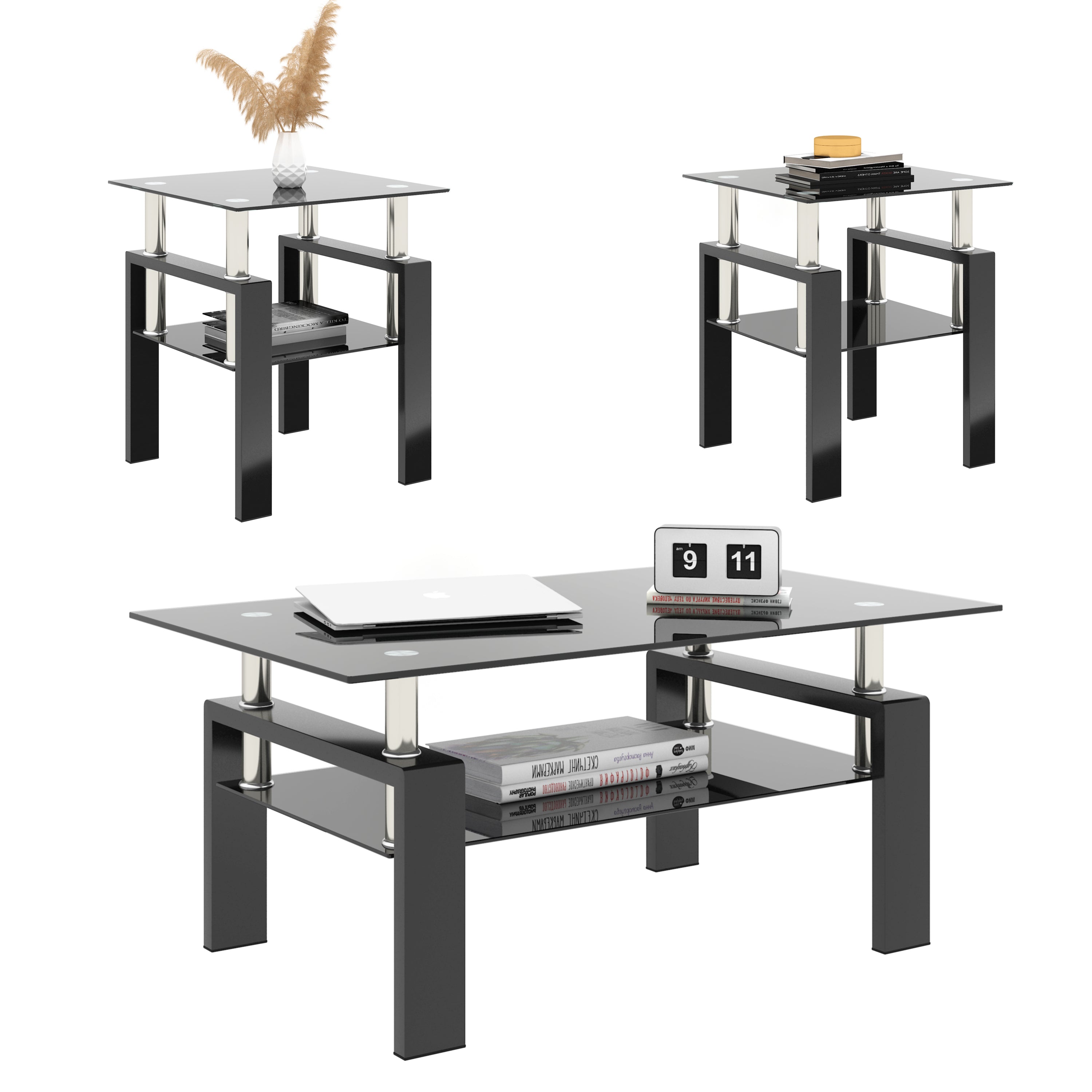 Set 2 Tavolini Vetro Temperato Nero