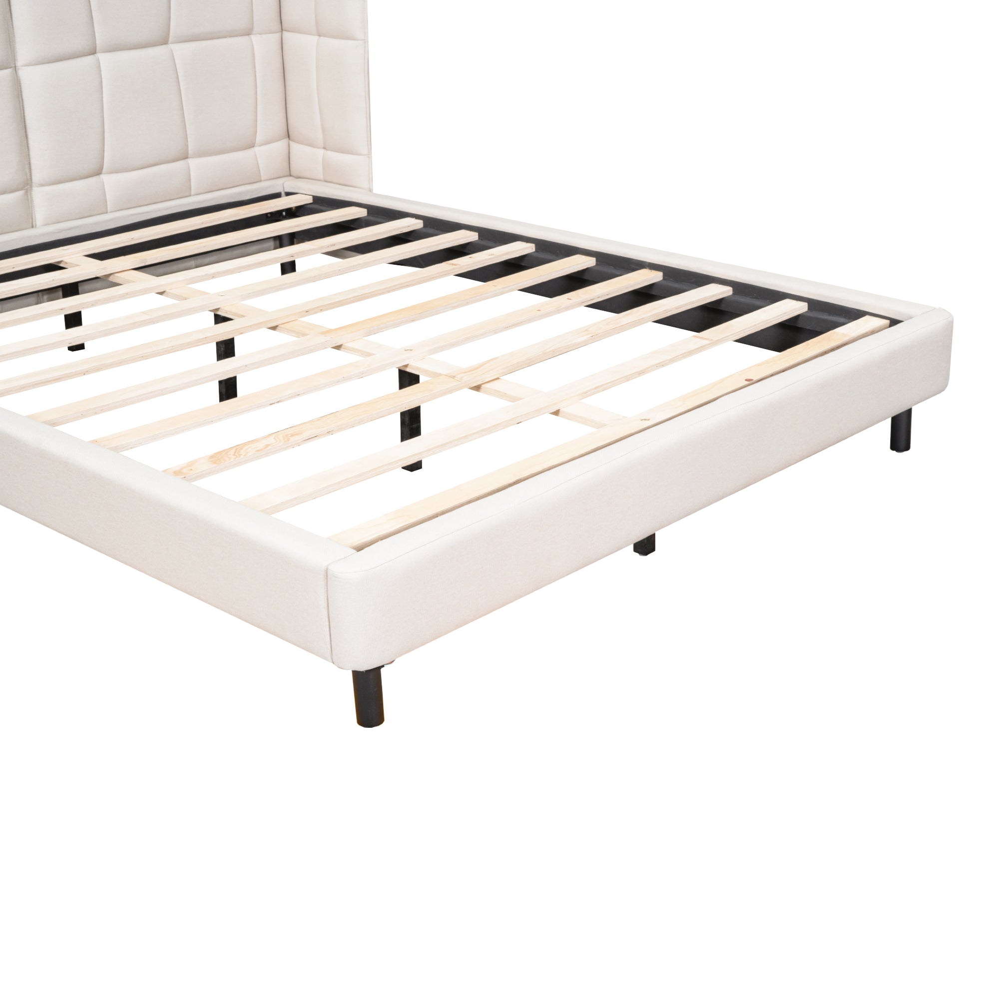 Letto Matrimoniale Imbottito con Luci LED e Testiera a U - Tessuto Lino Beige