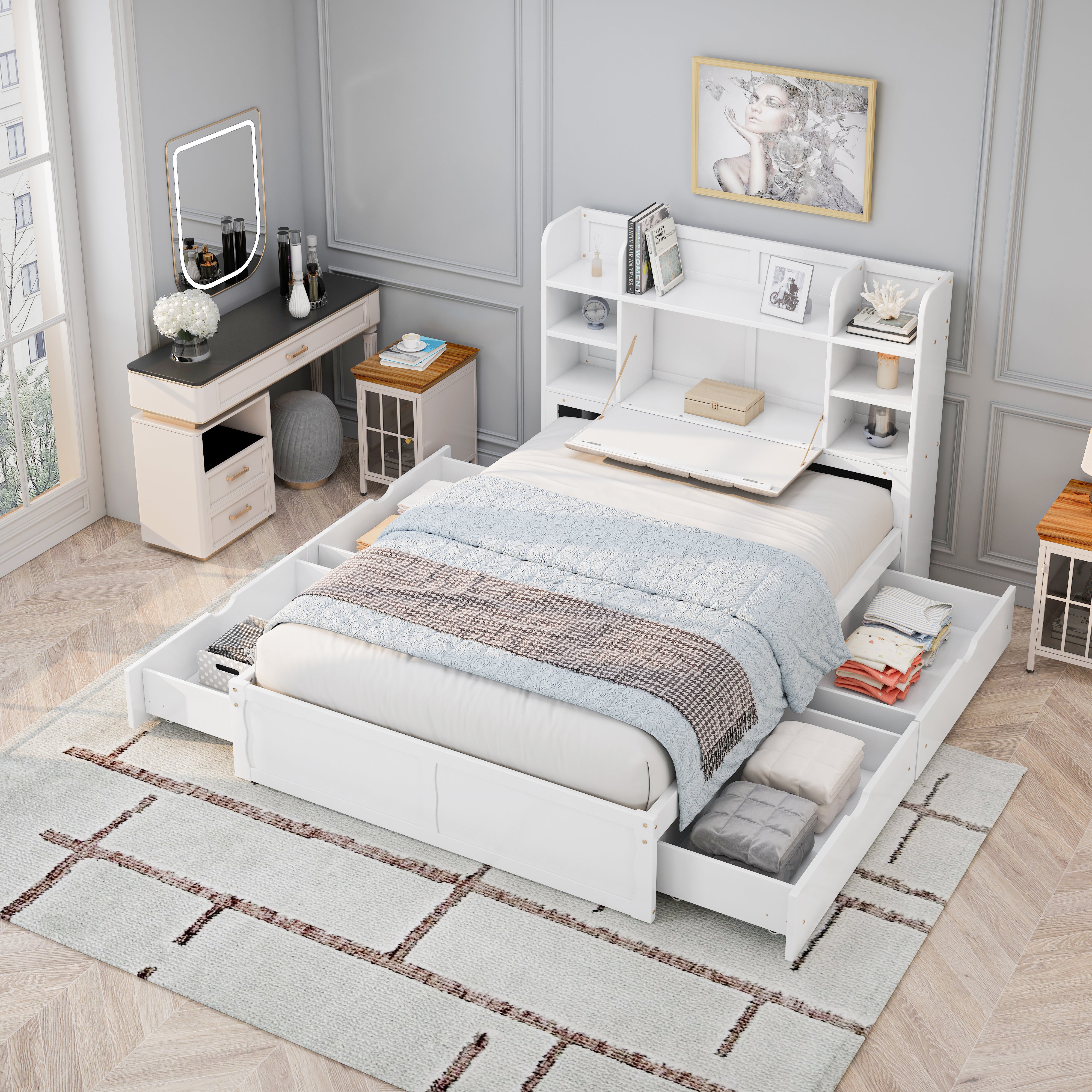Letto Full Size Bianco con 4 Cassetti
