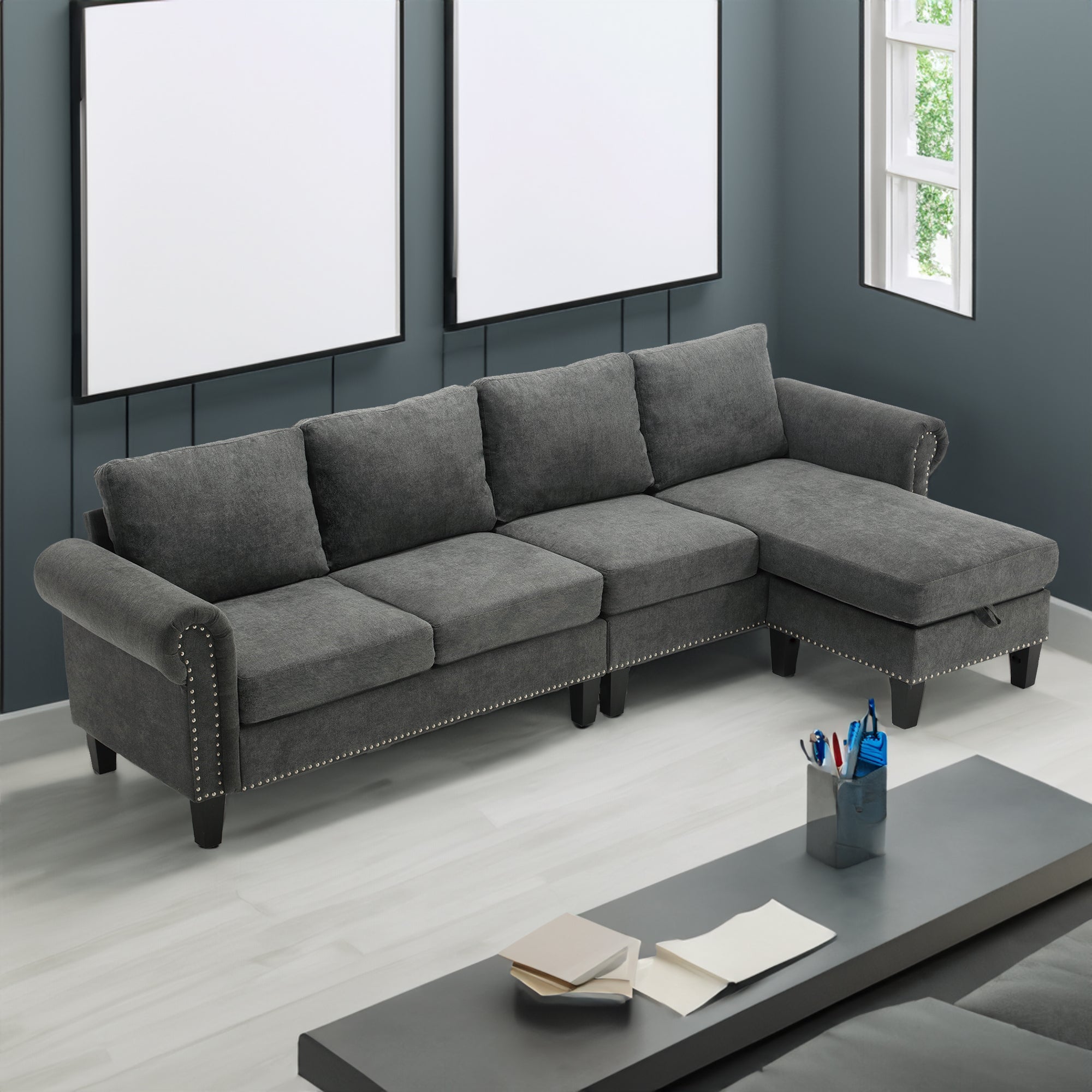 Divano Angolare a L con Contenitore Grigio Moderno