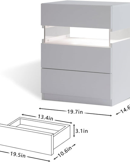 LED bedside table, bedroom, three drawers, dressing table, acrylic board, bedside furniture (white)