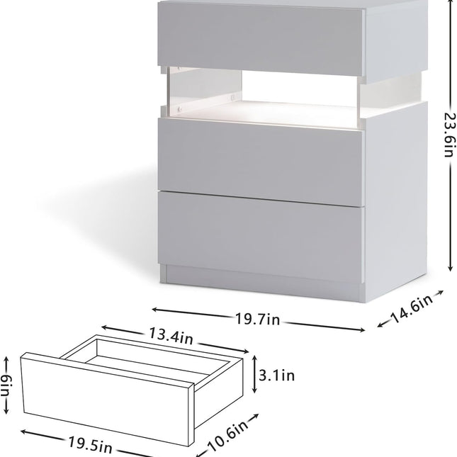 LED bedside table, bedroom, three drawers, dressing table, acrylic board, bedside furniture (white)