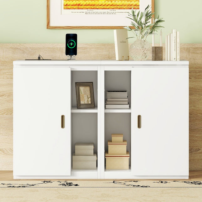Full Size Murphy Bed with Shelves, Cabinets, and USB Ports – White