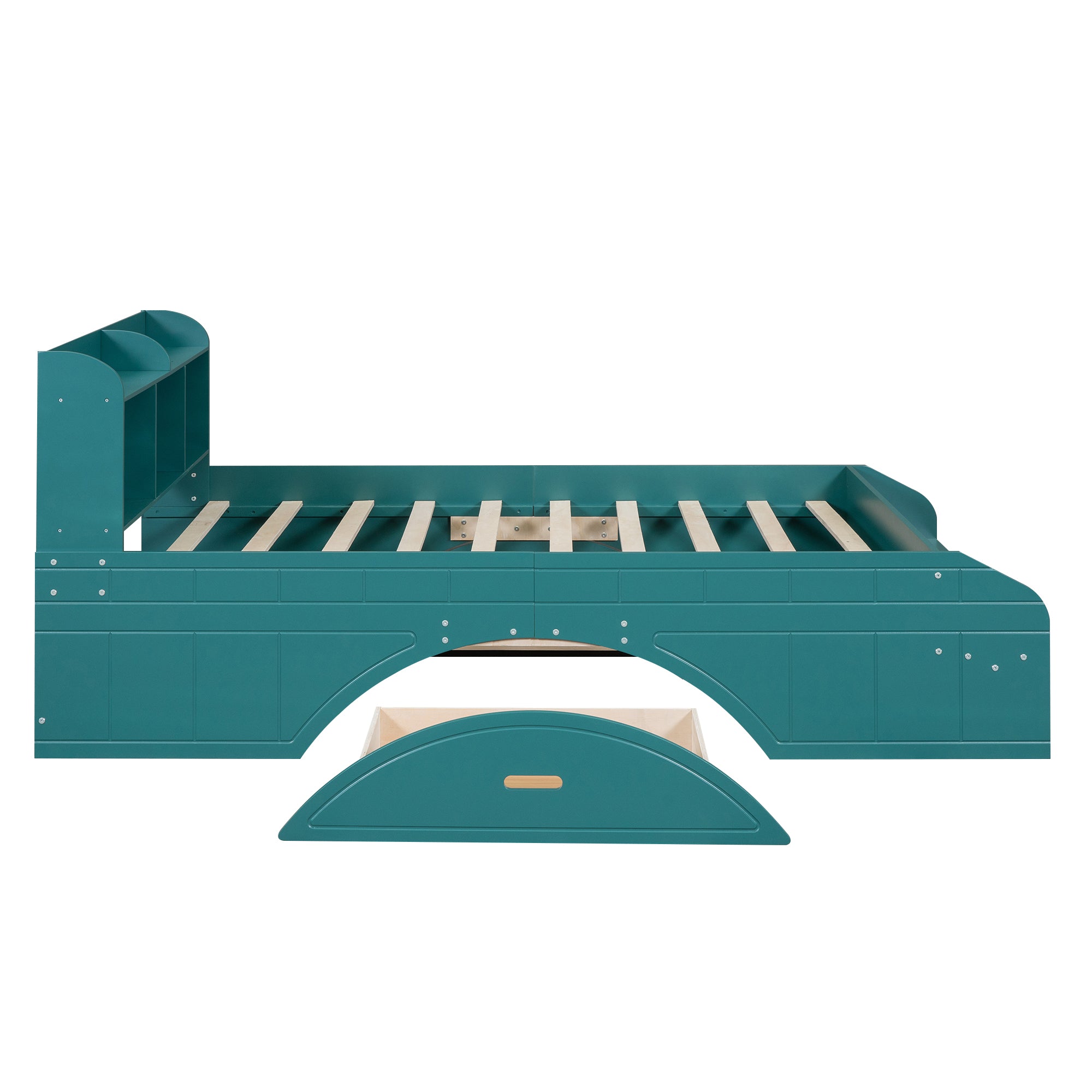 Letto Full Size in Legno con 2 Cassetti, Testiera e Pediera Contenitore - Verde Scuro