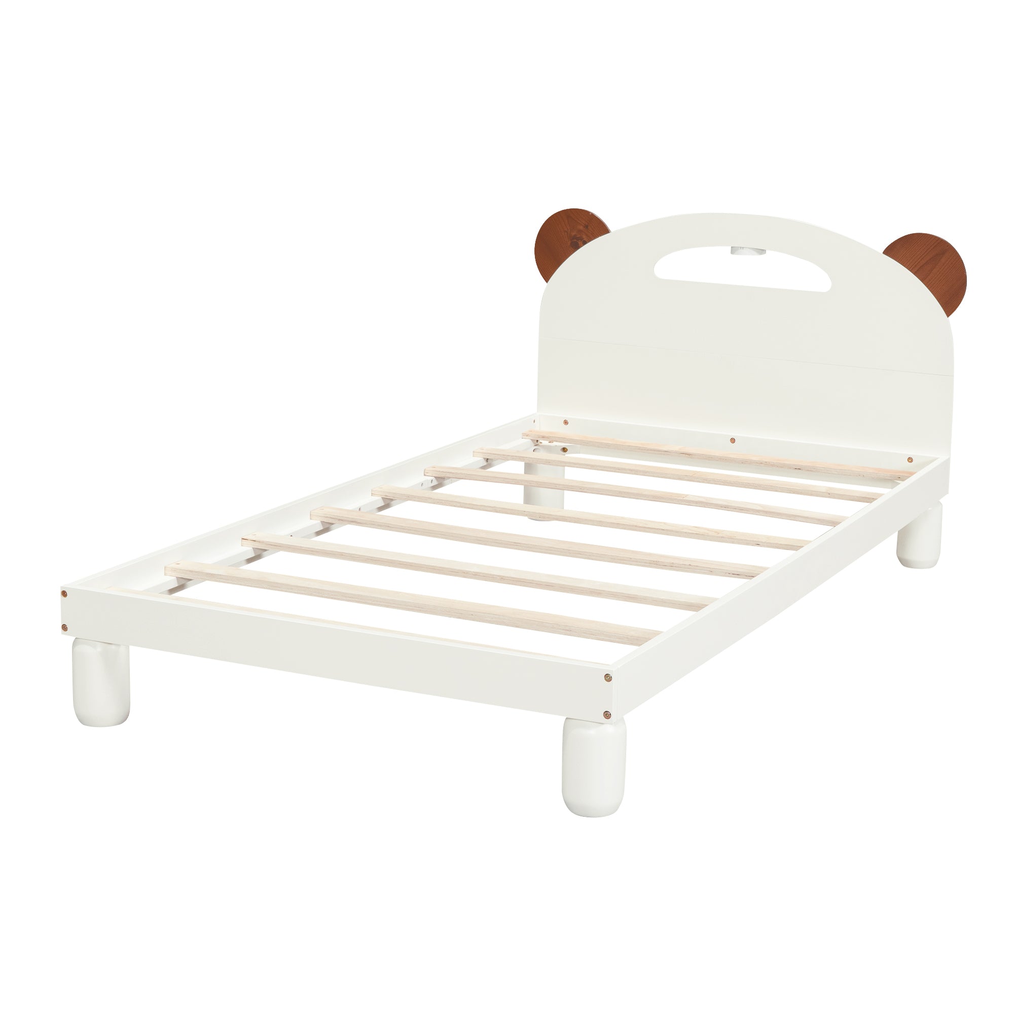 Letto Singolo in Legno con Testiera a Orecchie di Orso e LED - Bianco Crema