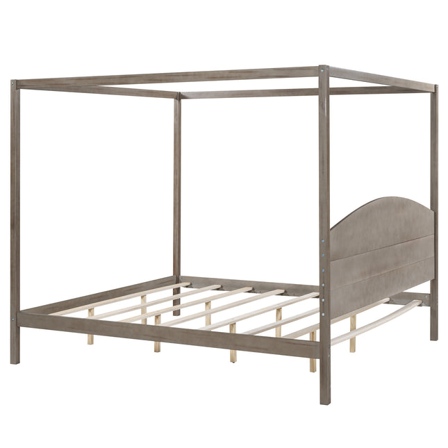 King Size Canopy Platform Bed with Headboard and Support Legs – Brown Wash Finish