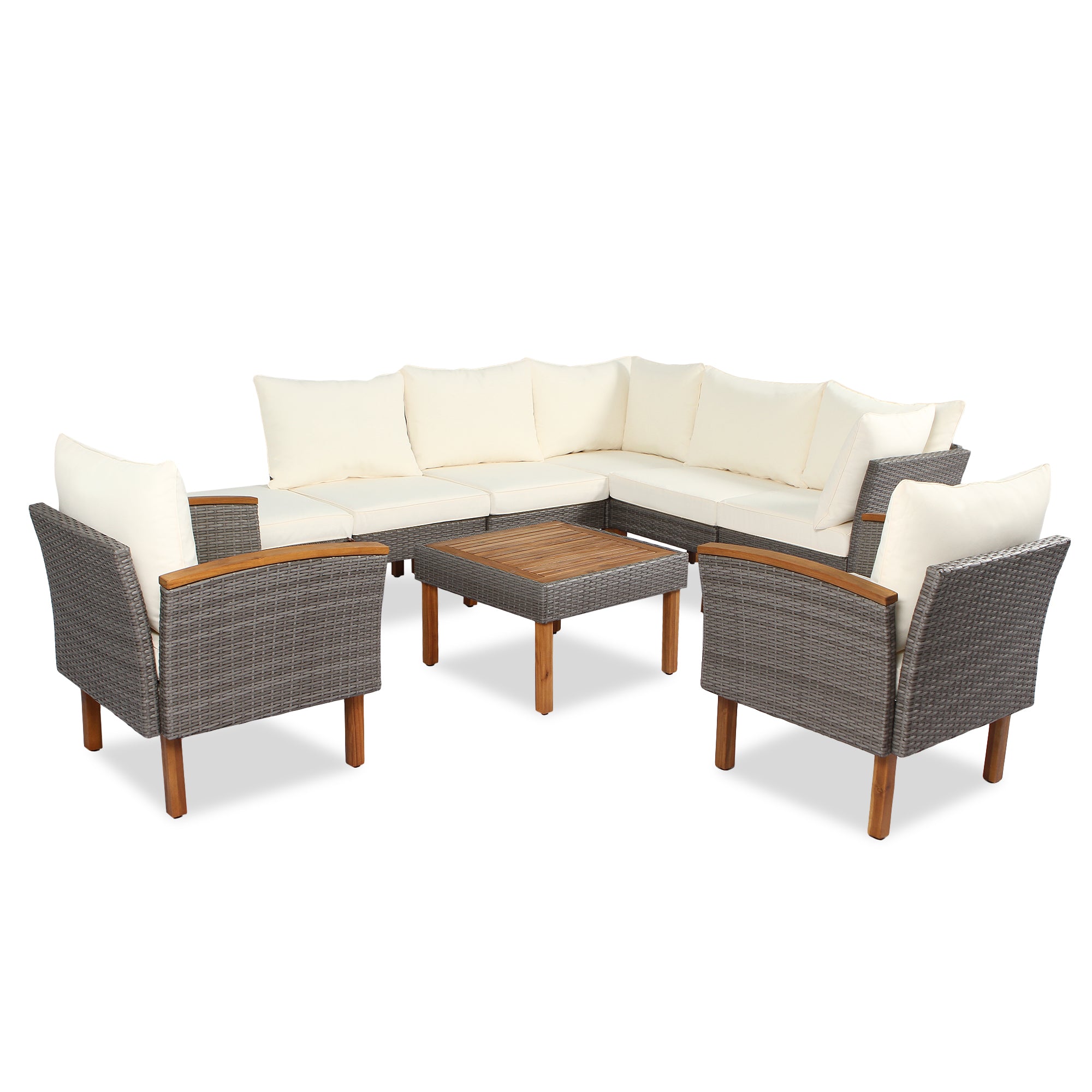 Set Patio Rattan 9 Pezzi Beige Acacia