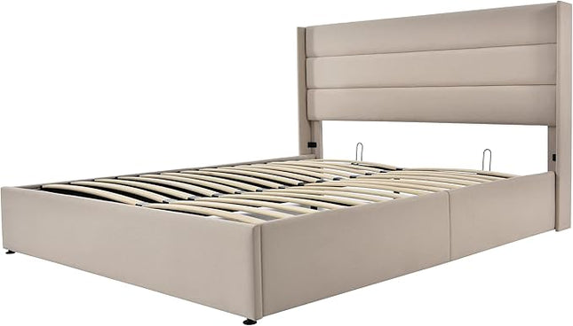 Purified Storage Bed, Upholstered Bed, Hydraulic Double Bed, 180 x 200 cm, Wooden Slatted Frame, Bed with Metal Frame, Linen (Beige, 180 x 200 cm)