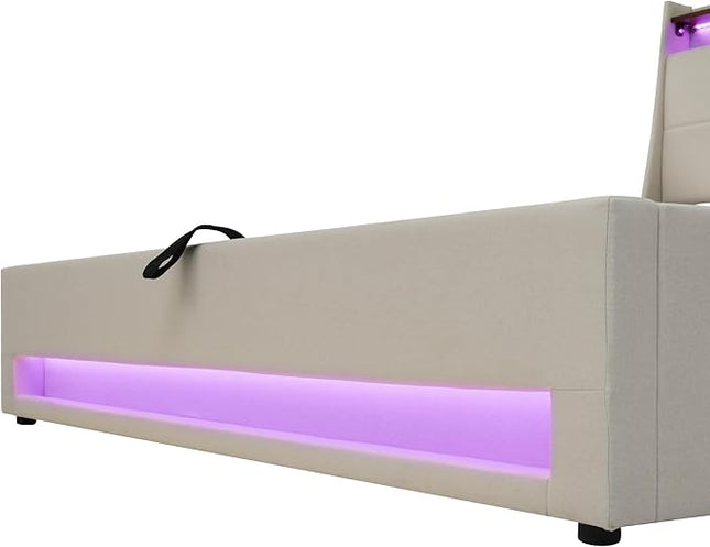 Double Bed with Storage Space and Slatted Frame, LED Headboard with USB Charging, Backrest, Bed Frame(Beige, 180 x 200 cm)