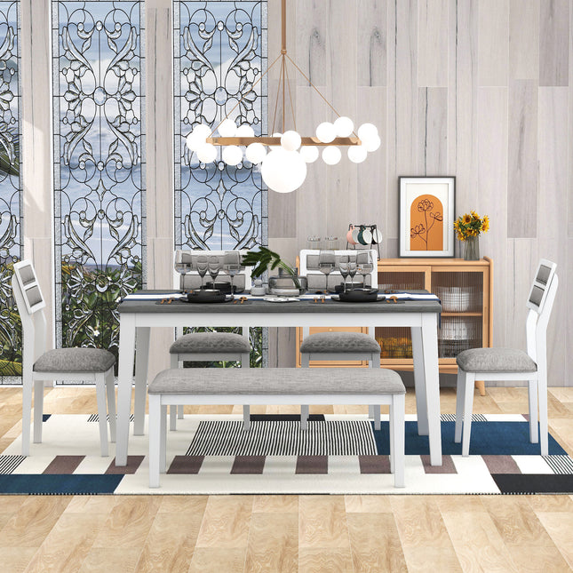 Classic 6-Piece Dining Set, Table, 4 Chairs & Bench (White/Gray)