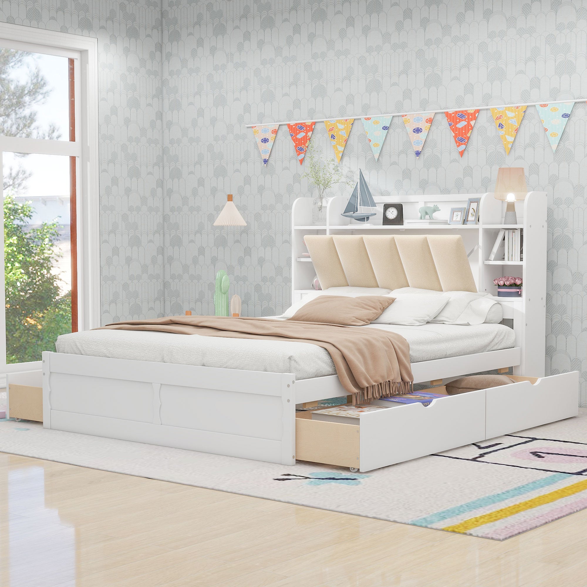 Letto Matrimoniale in Legno con Testiera Contenitore, Ripiani e 4 Cassetti - Bianco