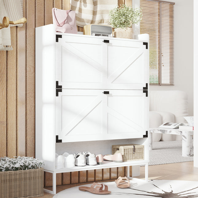 Freestanding Shoe Cabinet with 2 Flip Drawers – White Entryway Storage Organizer with Open Compartment Default Title