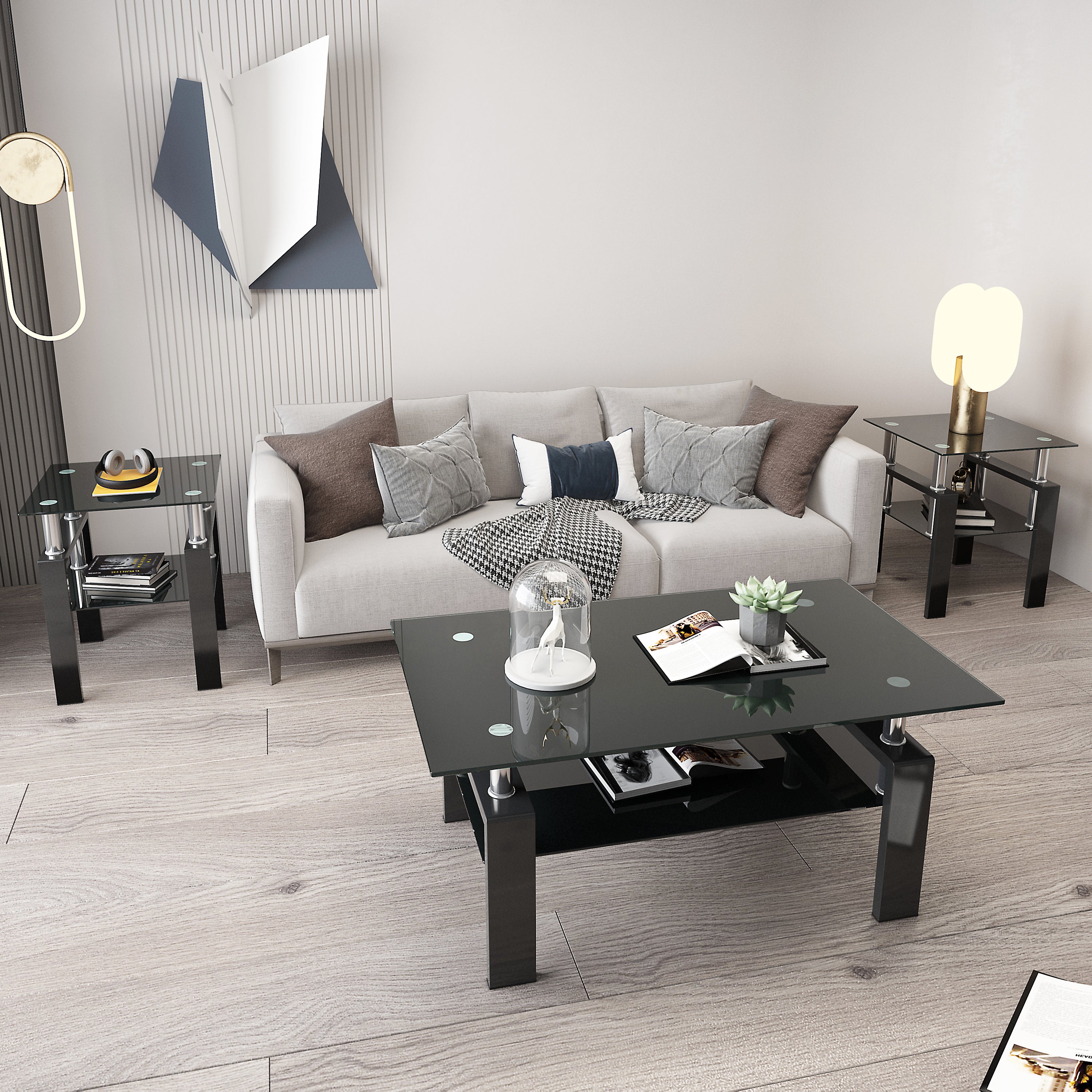 Set 2 Tavolini Vetro Temperato Nero