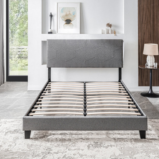 Queen Size Upholstered Platform Bed Frame with Wood Slat Support – Easy Assembly, Grey